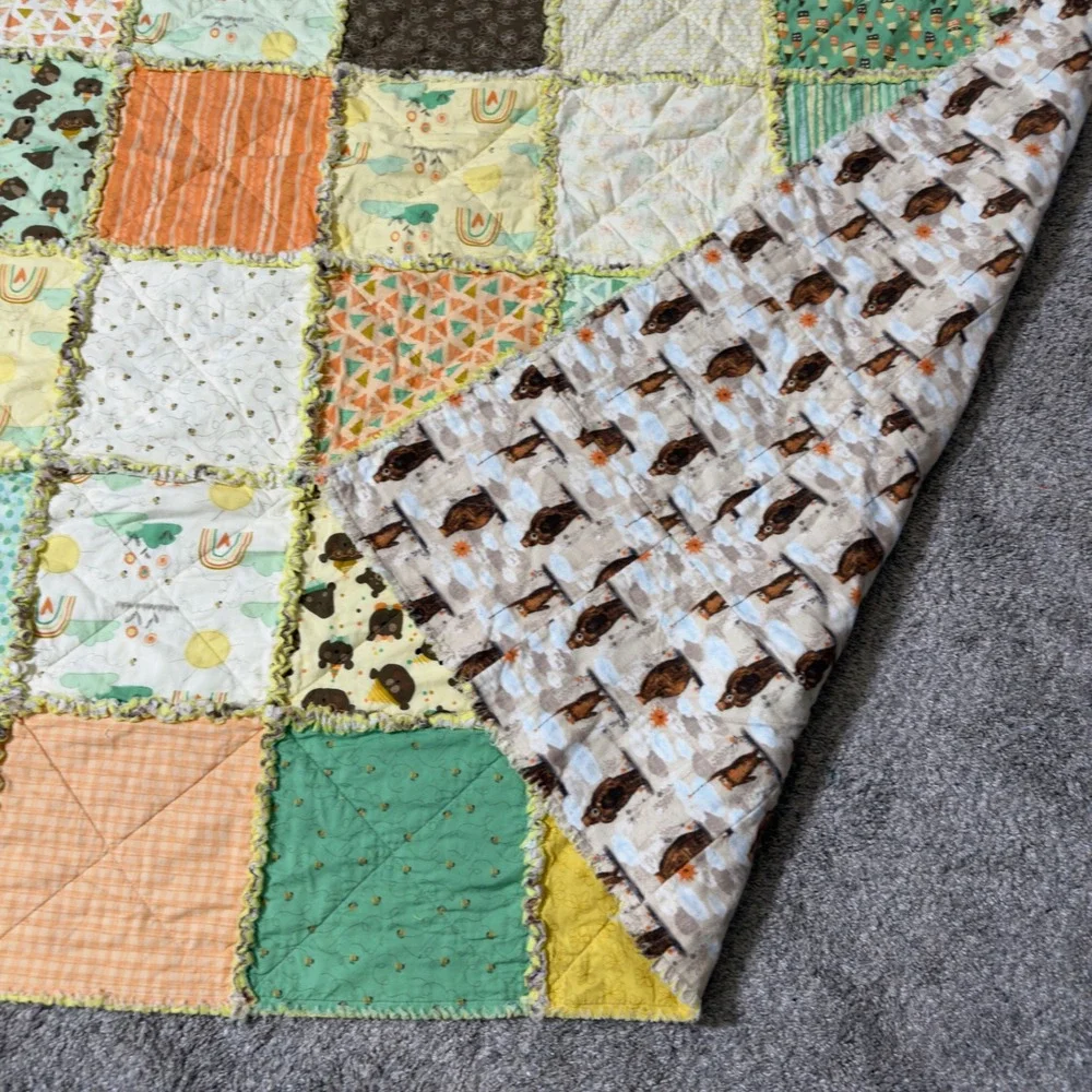 Handmade Women Cotton Rag Quilt 62x72 Multicolor Woodland Bear Patchwork Blanket